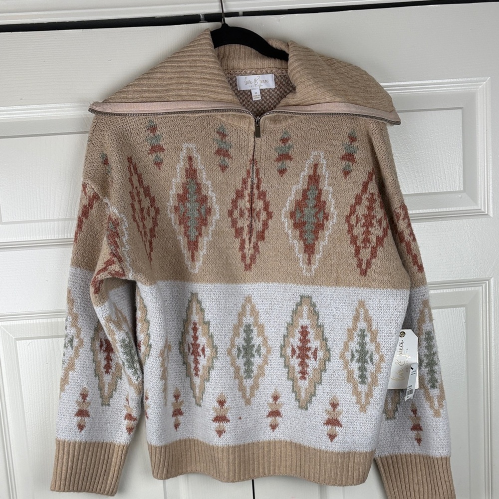 Love & Piece Collective Aztec Knit Sweater Quarter Zip Boho Pullover Sz Med NWT